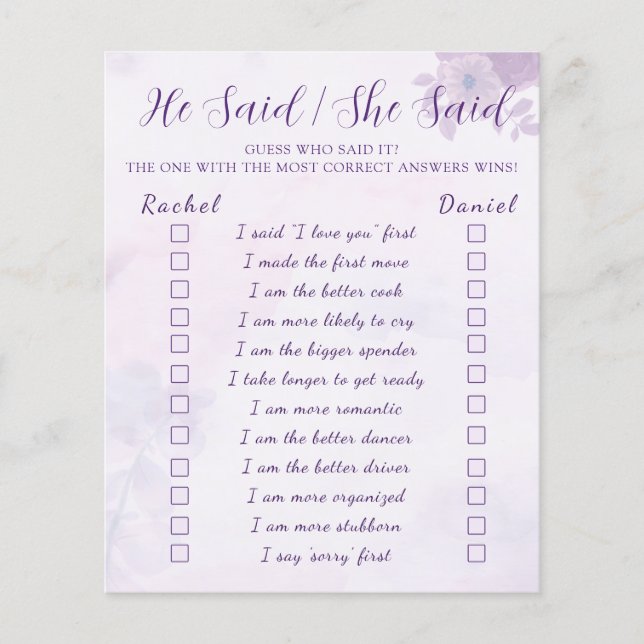 Purple He Said She Said Bridal Shower Game Flyer (Vorne)