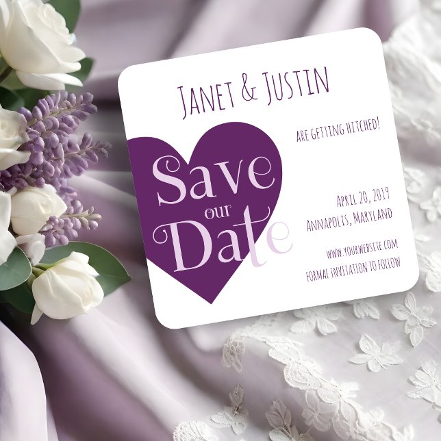 Purple Heart Modern and Minimalist Design Save The Date (This design for Save the Date with a modern, milimalist and current style, with a vibrant purple.)