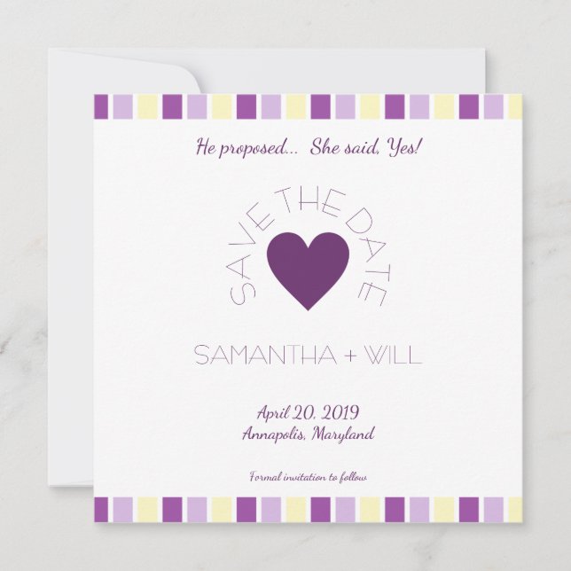 Purple Heart Modern and Minimalist Striped Design Save The Date (Vorderseite)