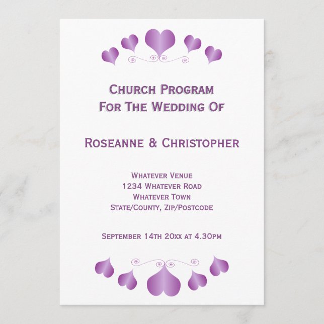 Purple Hearts Design Wedding Programm (Vorderseite)