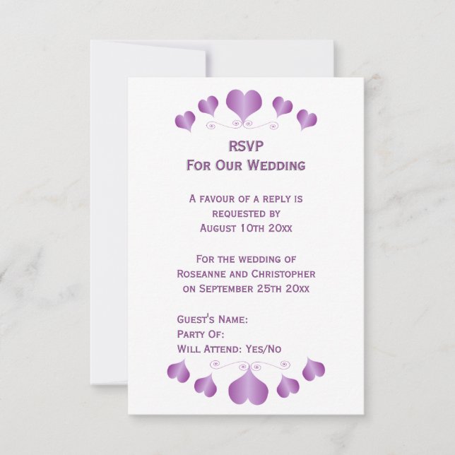 Purple Hearts Design Wedding RSVP Karte (Vorderseite)