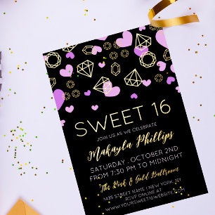 Purple Hearts und goldene Edelsteine Sweet 16 Folieneinladung