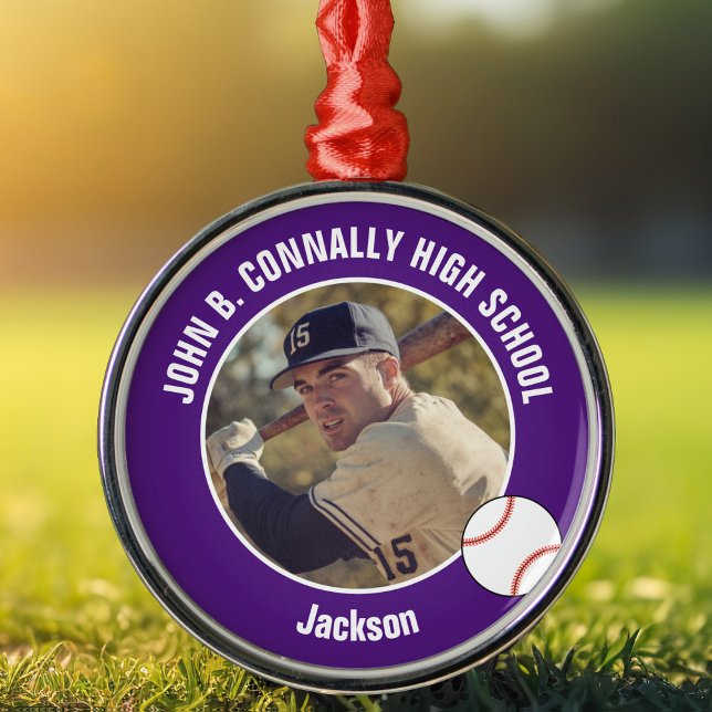 Purple High School Baseball Player Photo Christmas Ornament Aus Metall (Von Creator hochgeladen)