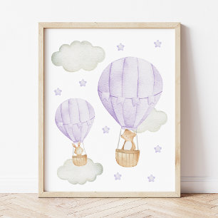 Purple Hot Air Balloon, Animals, Bear, Bunny Poster