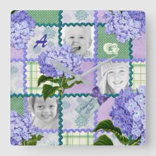 Purple Hydrangea Instagram Photo Quilt Collage Quadratische Wanduhr
