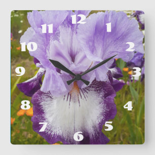 Purple Iris Irises Lilac Daisy Garden Flower Quadratische Wanduhr