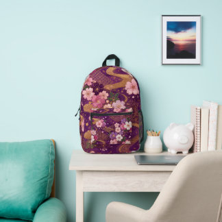 Purple Japanese Sakura Kimono Floral Backpack Bedruckter Rucksack
