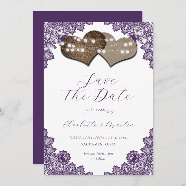 Purple Lace Burlap Hearts Rustic Wedding Save The Date (Vorne/Hinten)