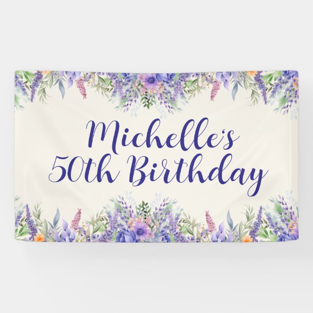Purple Lavender Floral 50th Birthday Banner (Horizontal)