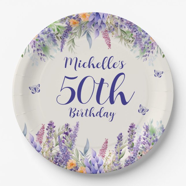 Purple Lavender Floral 50th Birthday Pappteller (Vorderseite)