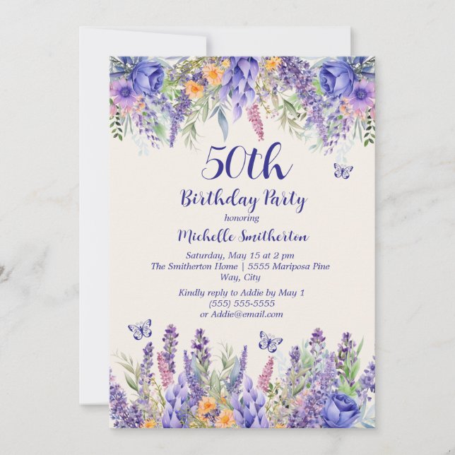 Purple Lavender Floral Garden Party 50th Birthday Einladung (Vorderseite)