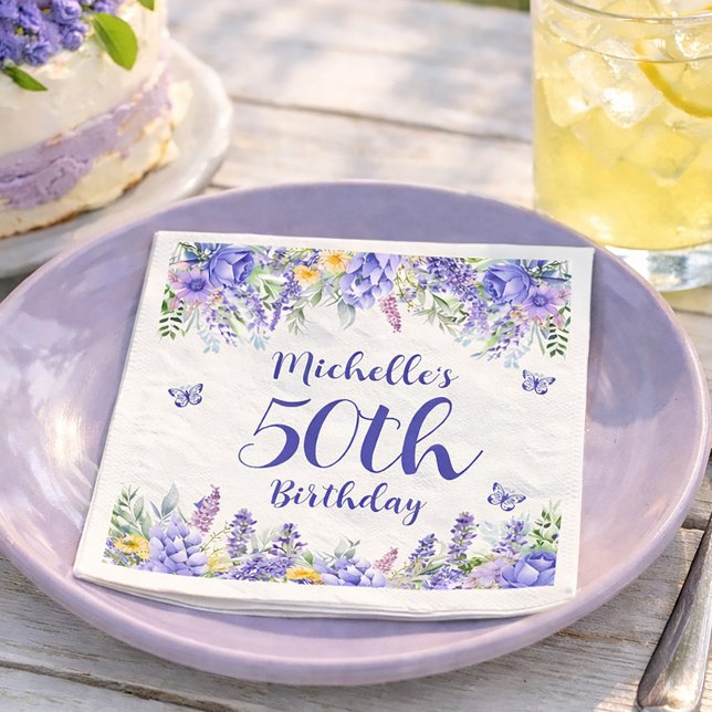 Purple Lavender Floral Garden Party 50th Birthday Serviette (Celebrate any age with a garden party!)