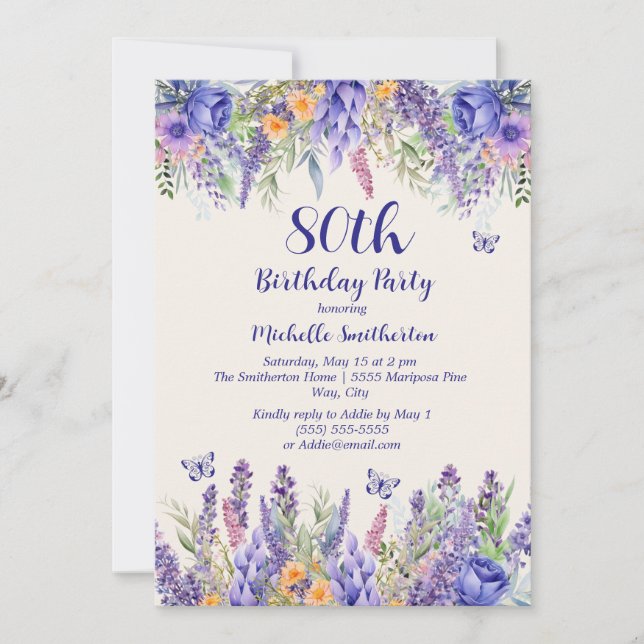 Purple Lavender Floral Garden Party 80th Birthday Einladung (Vorderseite)