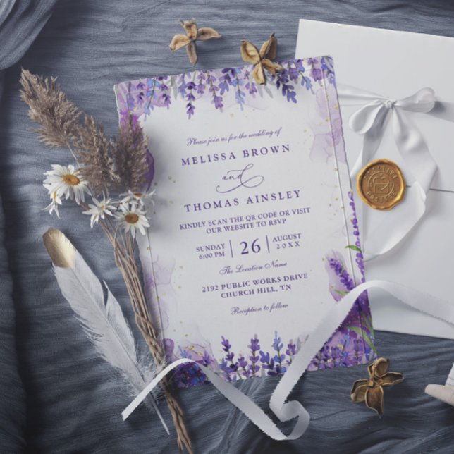 Purple Lavender Floral Modern QR Code Wedding Einladung (Von Creator hochgeladen)