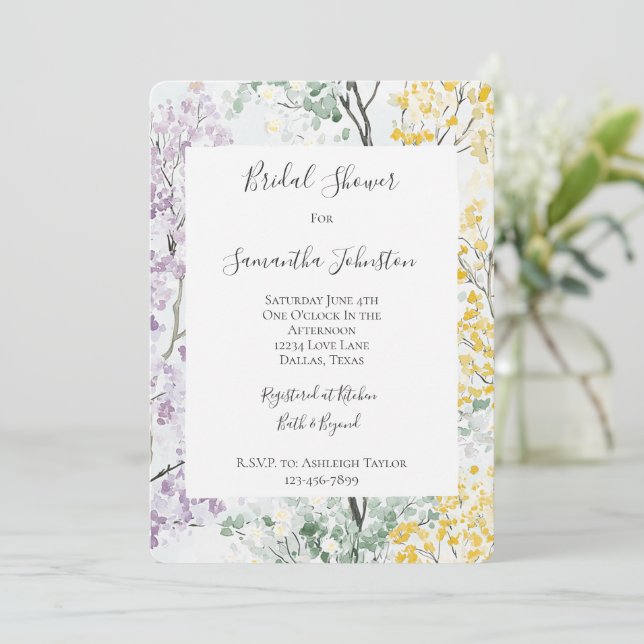 Purple Lavender Green Yellow Bridal Shower Einladung (Stehend Vorderseite)
