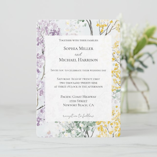Purple Lavender Green Yellow Flower Wedding Einladung (Stehend Vorderseite)