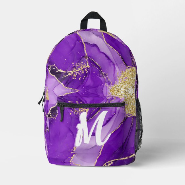 Purple Lavender Lilac Alcohol Ink Faux Gold Custom Bedruckter Rucksack (Vorderseite)