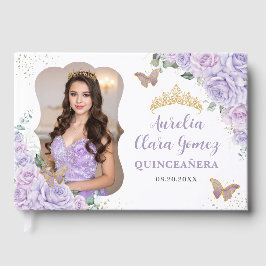 Purple Lilac Floral Gold QUINCEAÑERA 16 Photograph Gästebuch