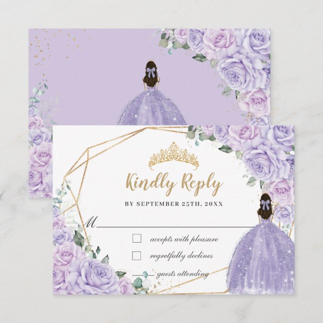 Purple Lilac Floral Princess Quinceanera 16 Reply RSVP Karte (Vorne/Hinten)