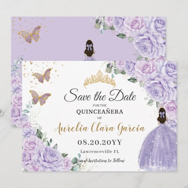 Purple Lilac Floral Quinceañera 15 Princess  Save The Date (Vorne/Hinten)