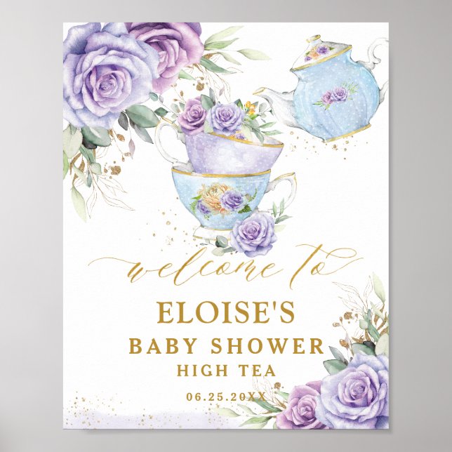 Purple Lilac Floral Tea Party Baby Shower Welcome Poster (Vorne)