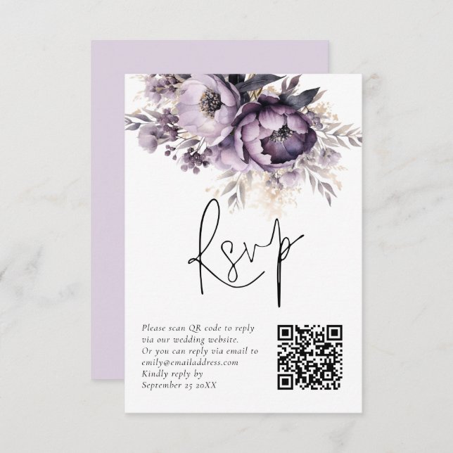 Purple Lilac Florals QR Code Wedding RSVP Card Einladung (Vorne/Hinten)
