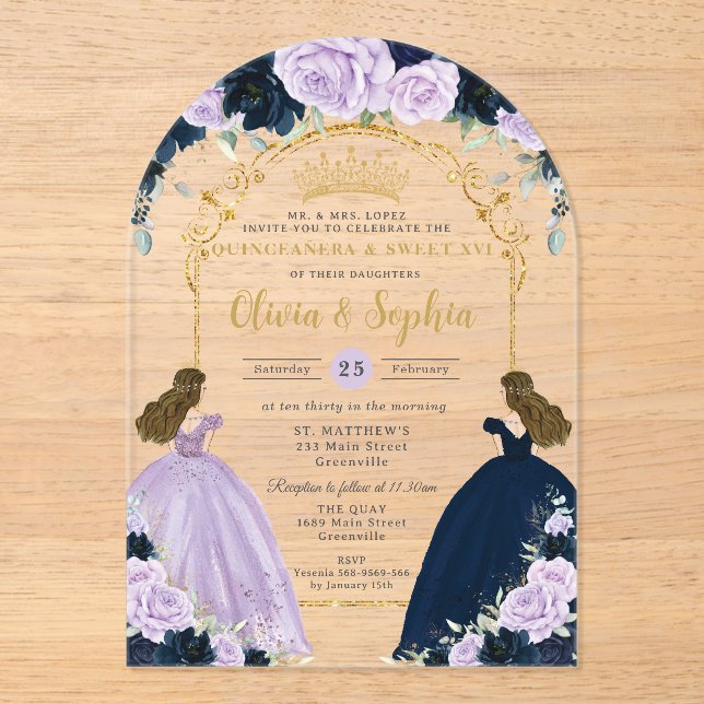 Purple Lilac Navy Blue Floral Twins Quinceañera XV Acryleinladungen (Vorderseite)