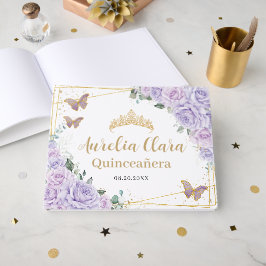 Purple Lilac Roses Floral Butterflies Quinceanera Gästebuch