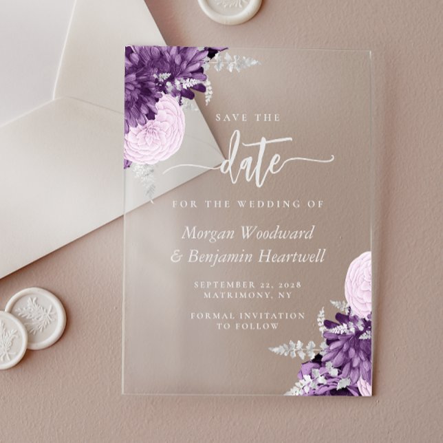 Purple Lilac Silver Floral Wedding Save the Date Acryleinladungen (Von Creator hochgeladen)