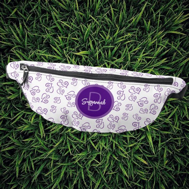 Purple Linked Heart Pattern with Initial Monogram Bauchtasche (template name & initial letter monogram fanny pack front)