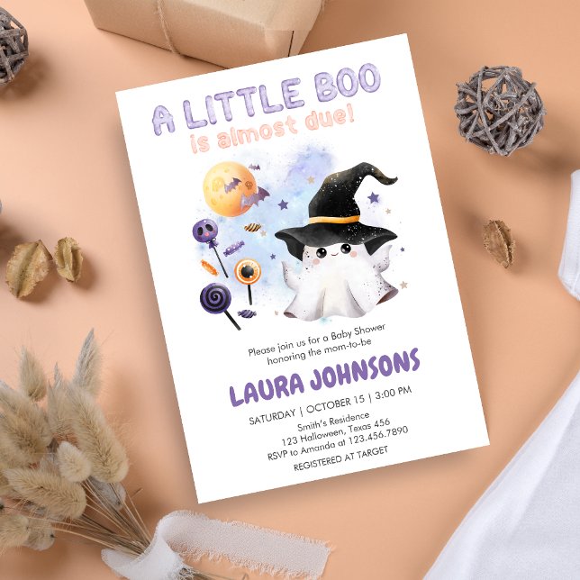 Purple Little Boo Ghost Witch Baby Shower Einladung (Little Boo Halloween Baby Shower Invitation)