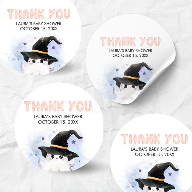 Purple Little Boo Ghost Witch Baby Shower Runder Aufkleber (Little Boo Halloween Baby Shower Round Sticker)