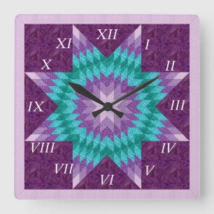 Purple Lone Star Quilt Design Quadratische Wanduhr