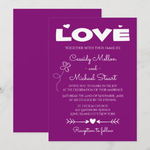 Purple Love, Schmetterlinge & Herzen Hochzeit Einladung
