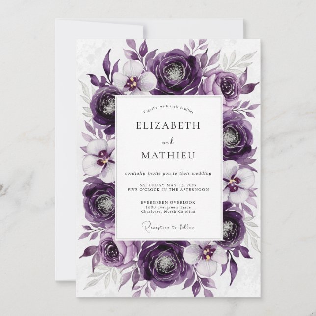 Purple Luxurious Botanical Wedding Einladung (Vorderseite)