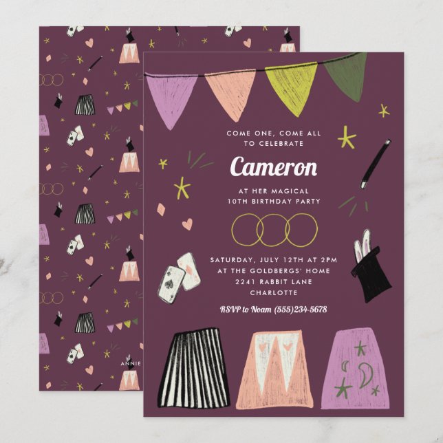 Purple Magic Show Kids Birthday Einladung (Vorne/Hinten)
