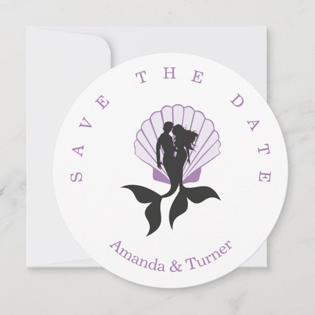 Purple Mermaids Couple on zu Seashell Design Save The Date (Vorderseite)