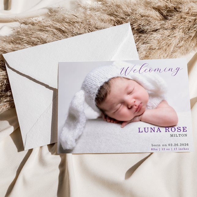 Purple Minimalist Photo Baby Announcement Card (Von Creator hochgeladen)