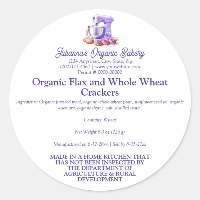 Purple Mixer Bread Bakery Food Product Label Runder Aufkleber (Vorderseite)