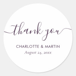 Purple Modern Script Wedding Thank You Runder Aufkleber