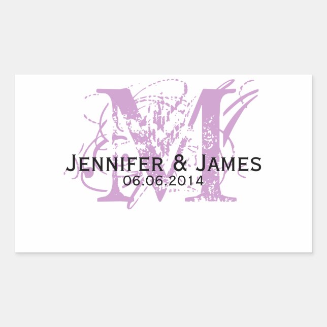 Purple Monogram Wedding Wine Labels Rechteckiger Aufkleber (Vorderseite)