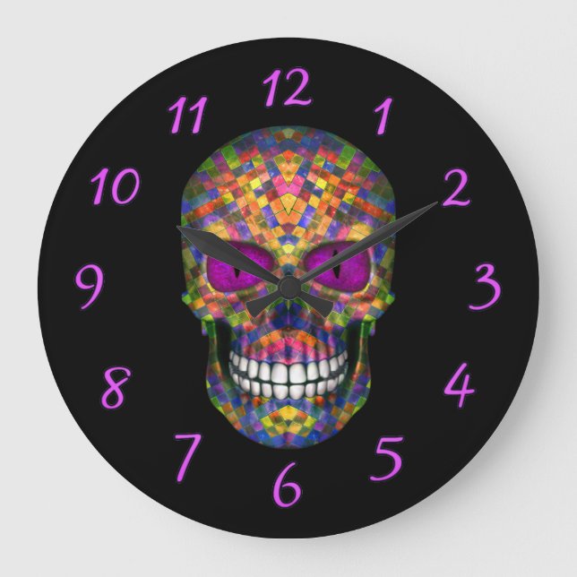 Purple Mosaic Sugar Skull Zombie Wall Clocks Große Wanduhr (Vorderseite)
