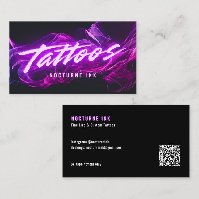 Purple Neon & Smoke Tattoo Artist QR Code Visitenkarte (Vorne/Hinten)