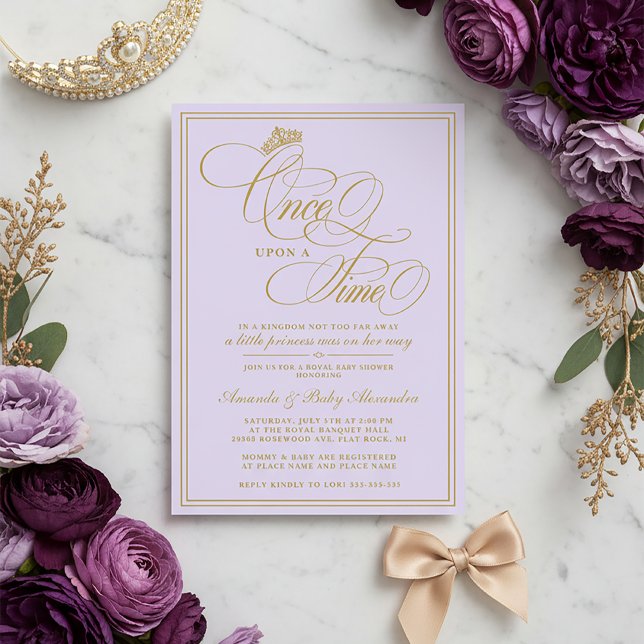 Purple Once Upon A Time Princess Baby Shower Einladung (Purple and Gold Princess Baby Shower Invitation | Once Upon a Time Baby Shower Invite)