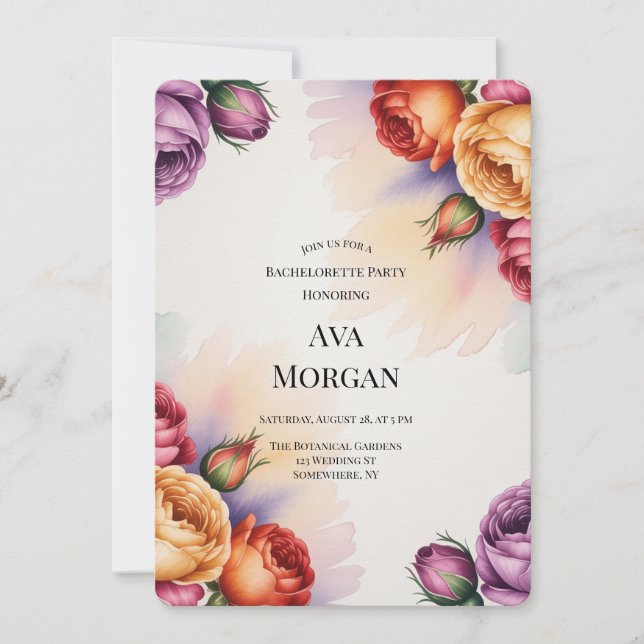 Purple Orange and Red Roses Bachelorette Party Einladung (Vorderseite)