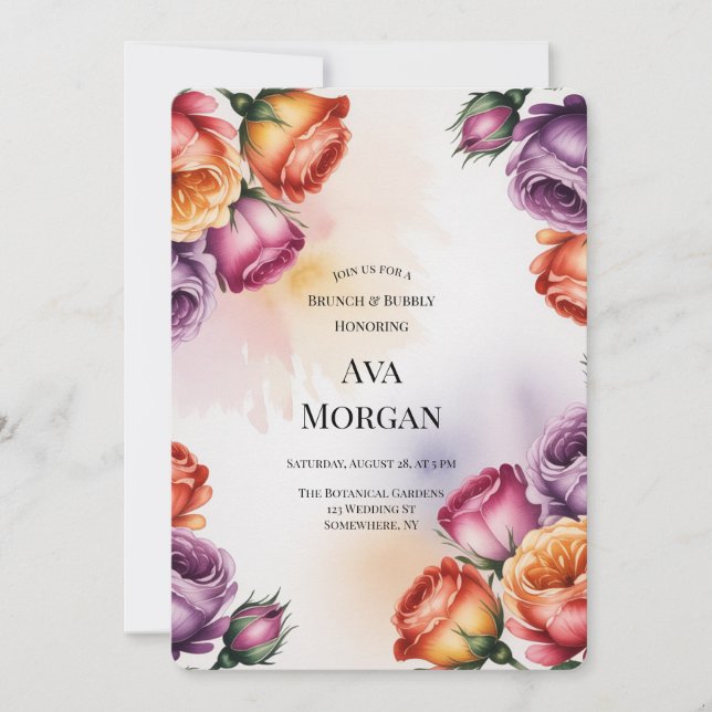 Purple Orange and Red Roses Brunch & Bubbly Einladung (Vorderseite)