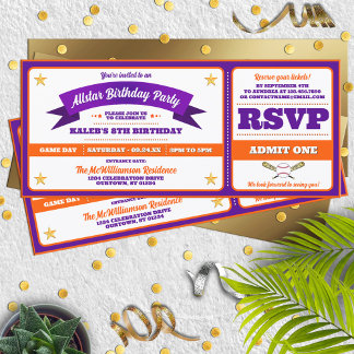 Purple & Orange Baseball Allstar Ticket Birthday Einladung