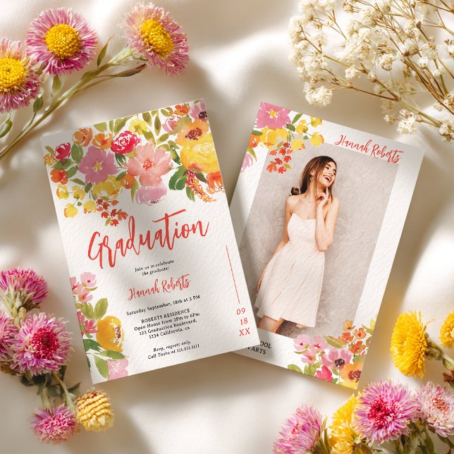 Purple Orange photo Boho floral graduation Einladung (Purple Orange photo Boho floral graduation Invitation)