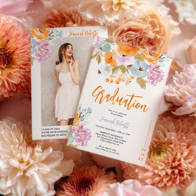 Purple Orange photo Boho floral graduation Einladung (Purple Orange photo Boho floral graduation Invitation)