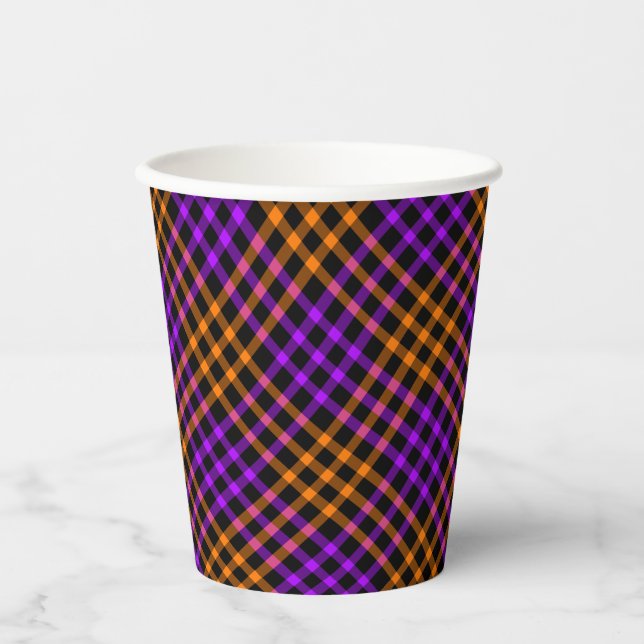 Purple Orange Plaid Checker Seamless Pattern Pappbecher (Vorderseite)